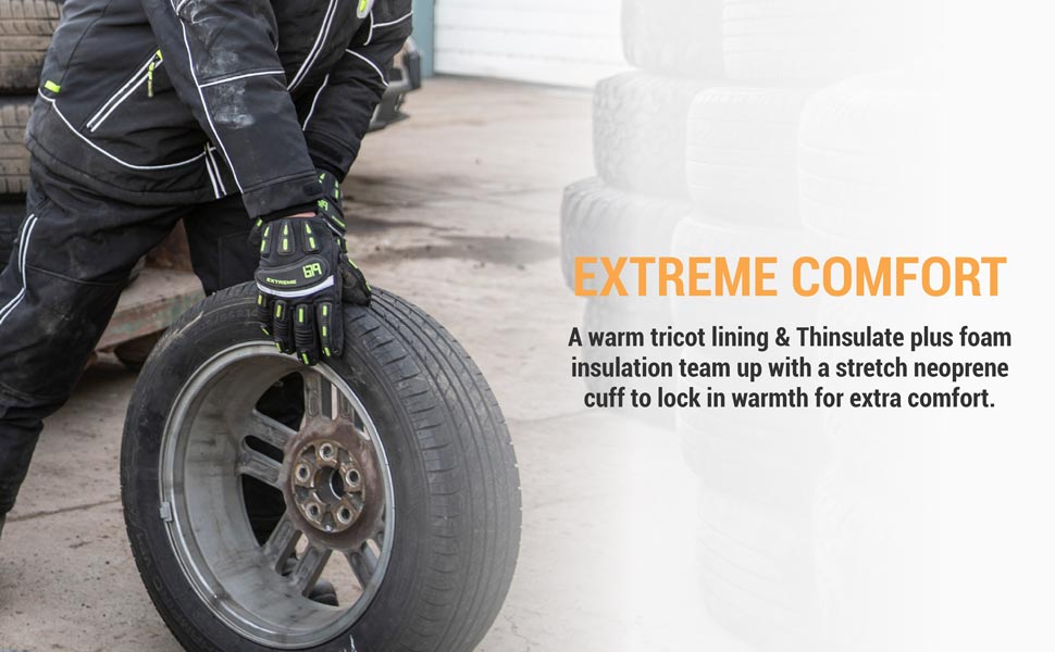 Extreme Comfort. A warm tricot lining and thinsulate plus foam insulation team up with a stretch neoprene cuff to lock in warmth for extra comfort