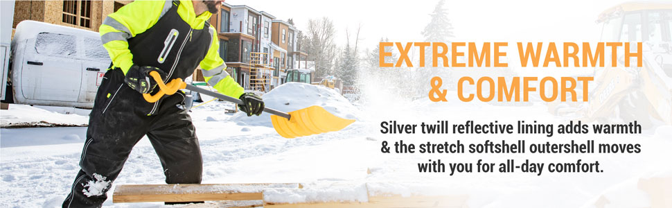 Extreme warmth and comfort. Silver twill reflective lining adds warmth and the stretch softshell outershell moves with you for all-day comfort.