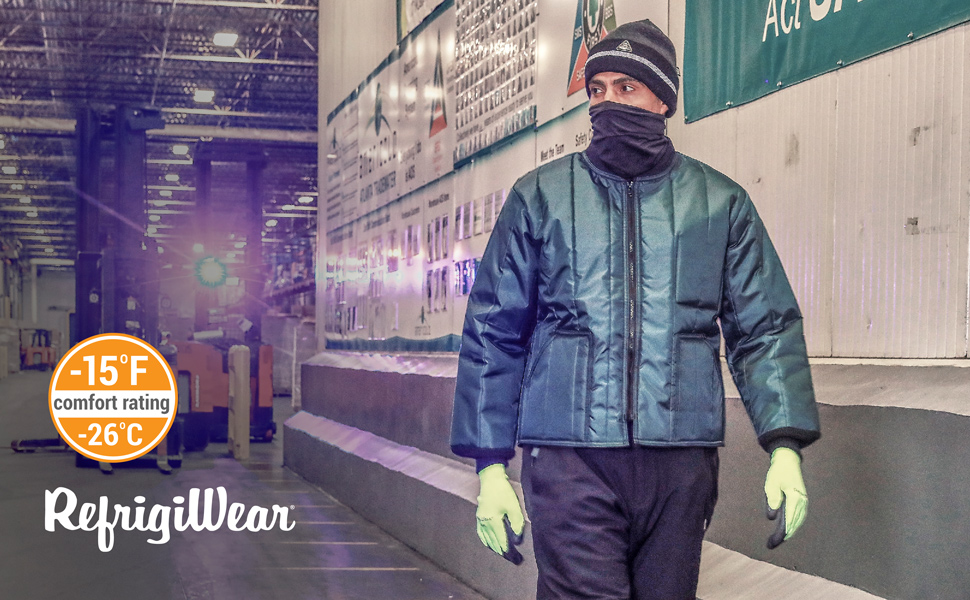 Man walking in a cold storage room wearing the econo-tuff jacket