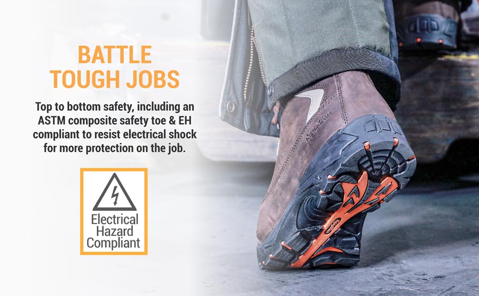 Battle tough jobs. Top to bottom safety, including an ASTM composite safety toe and eh compliant to resist electrical shock for more protection on the job.'