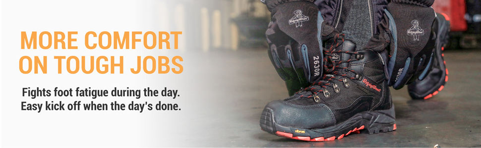 More comfort on tough jobs. Fights foot fatigue during the day. Easy kick off when the day's done.