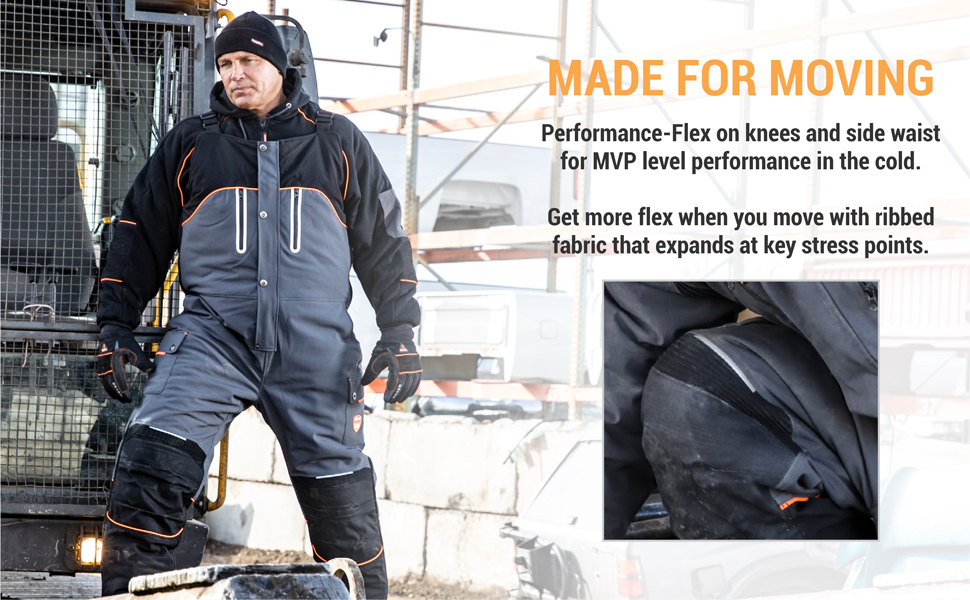 Made for moving. Performance-flex on knees and side waist for mvp level performance in the cold.
