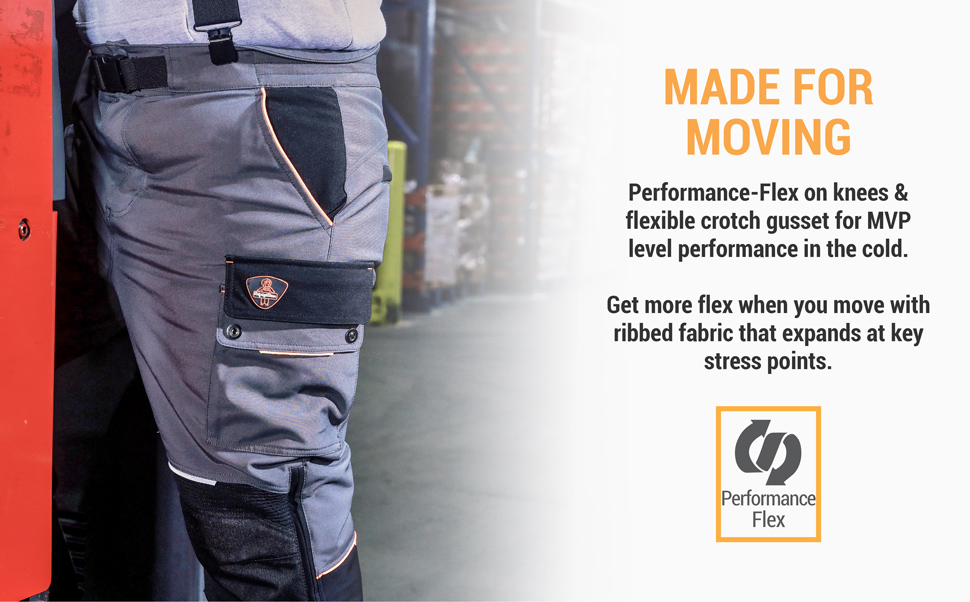 Made for moving. Performance-flex on knees and flexible crotch gusset for MVP level performance in the cold. Get more flex when you move with ribbed fabric that expands at key stress points.