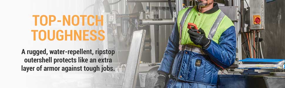 Top-notch toughness. A rugged, water-repellant, ripstop outershell protects like an extra layer of armor against tough jobs.
