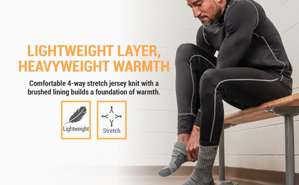 Lightweight layer, heavyweight warmth. Comfortable 4-way stretch jersey knit with a brush lining builds a foundation of warmth.